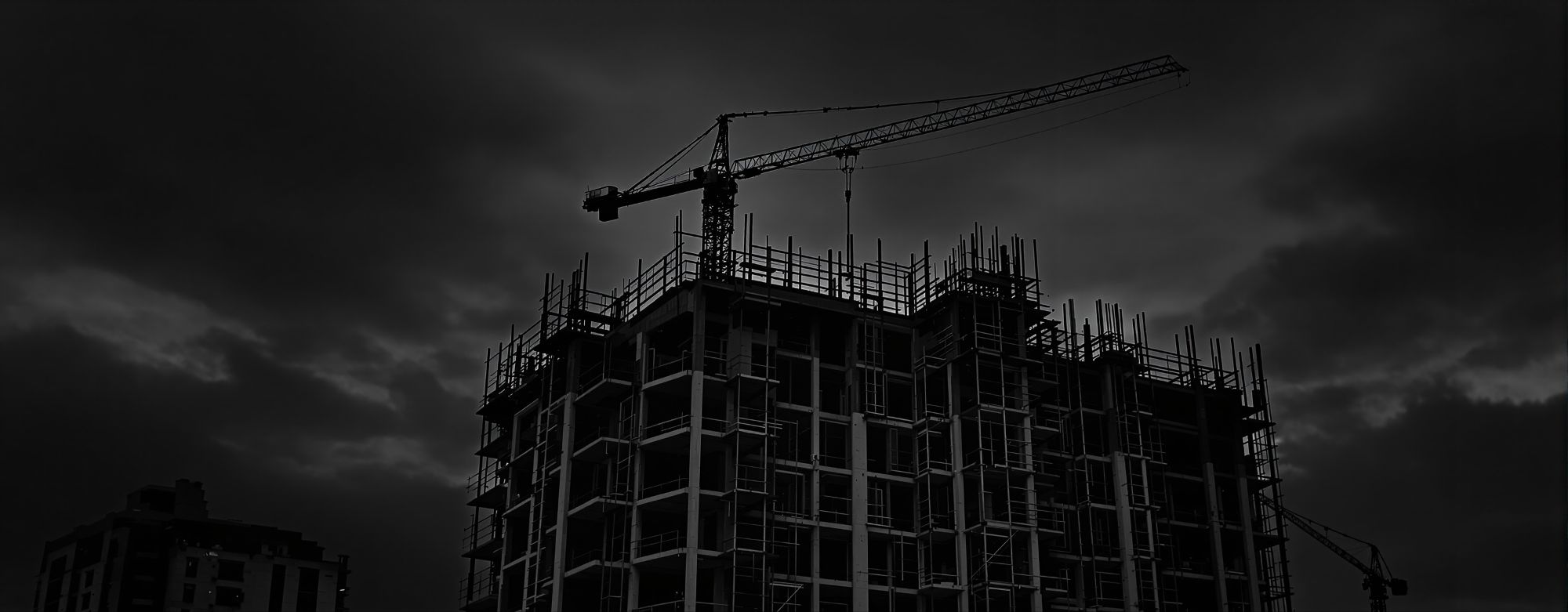 Estructura de un edificio de viviendas en construcción al anochecer, con la
          silueta de una grúa torre recortada contra el cielo.
