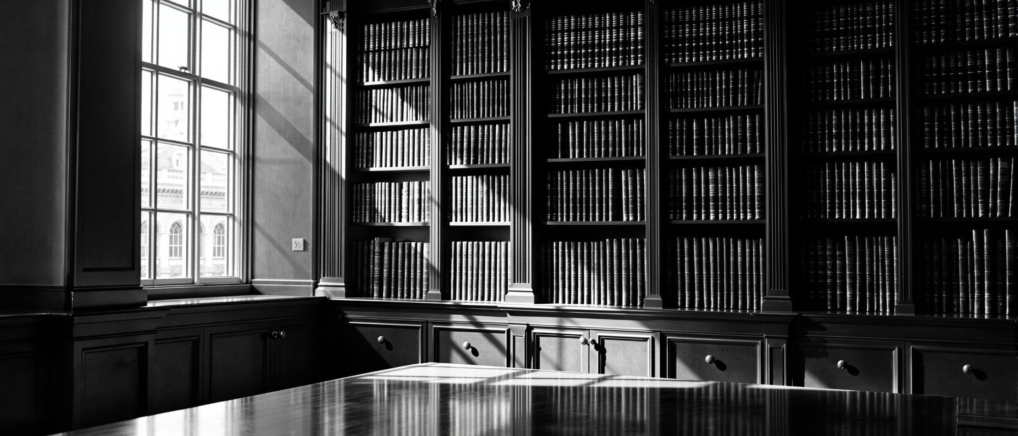 Biblioteca jurídica con estanterías de volúmenes encuadernados y luz lateral
          entrando por un ventanal alto.