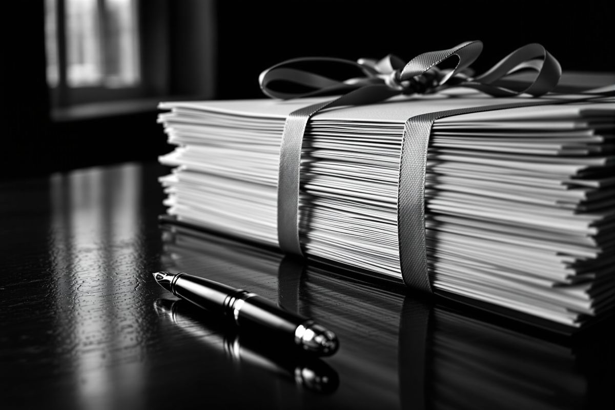 Expedientes atados con balduque sobre una mesa de madera oscura, junto a
                  una pluma, con luz lateral marcando el canto del papel.