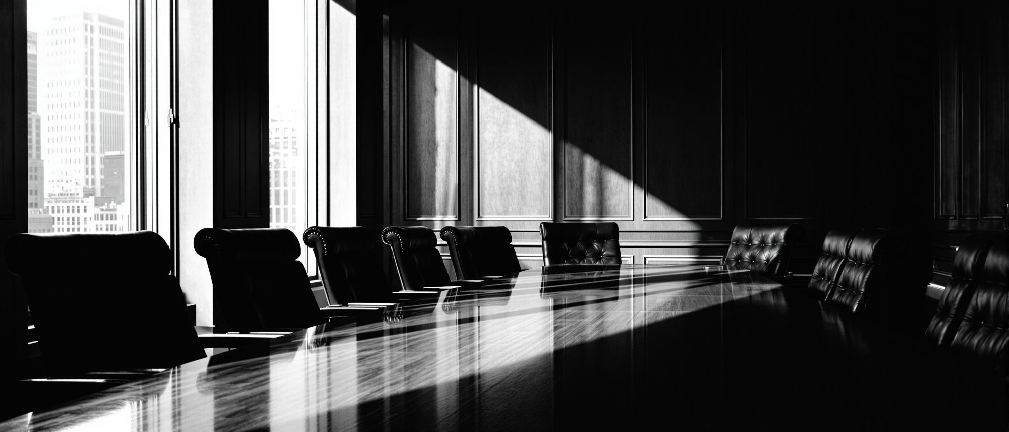 Sala de juntas de despacho vacía, con la mesa larga de madera oscura atravesada
            por un haz de luz que entra por los ventanales.