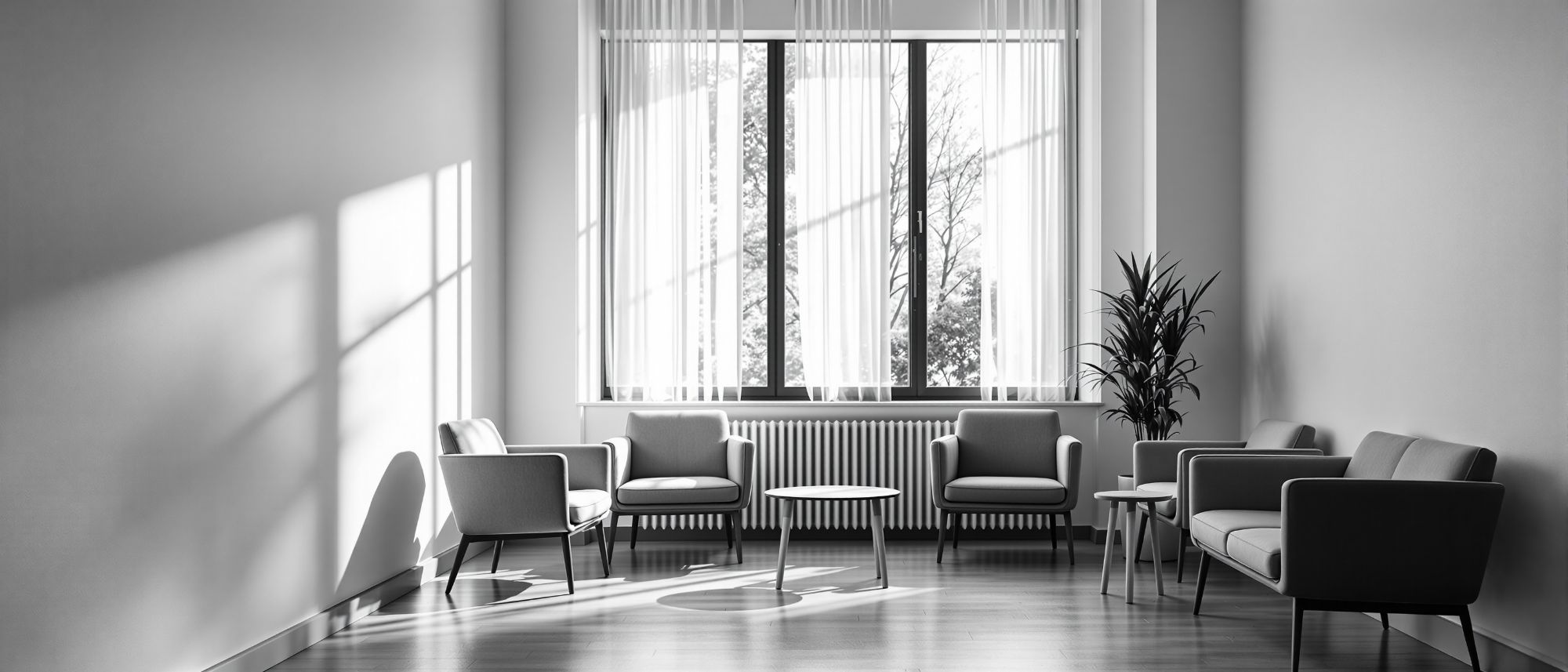 Sala de espera de clínica privada vacía a primera hora, con luz natural entrando
          por un ventanal alto sobre una fila de butacas.