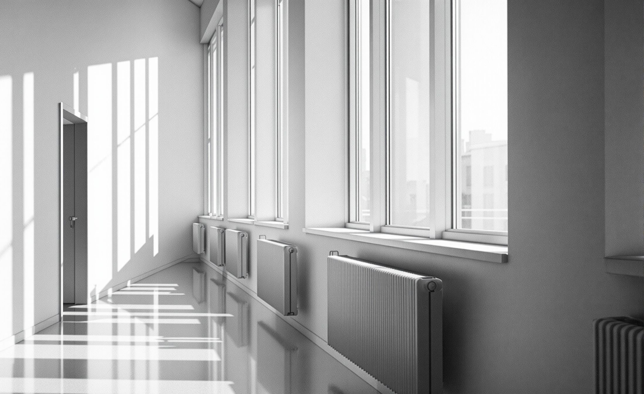 Empty private clinic corridor at dawn, light coming through the high windows
        onto the polished floor.